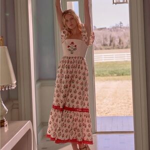 Hill House Cream and Red Floral Midi Dress